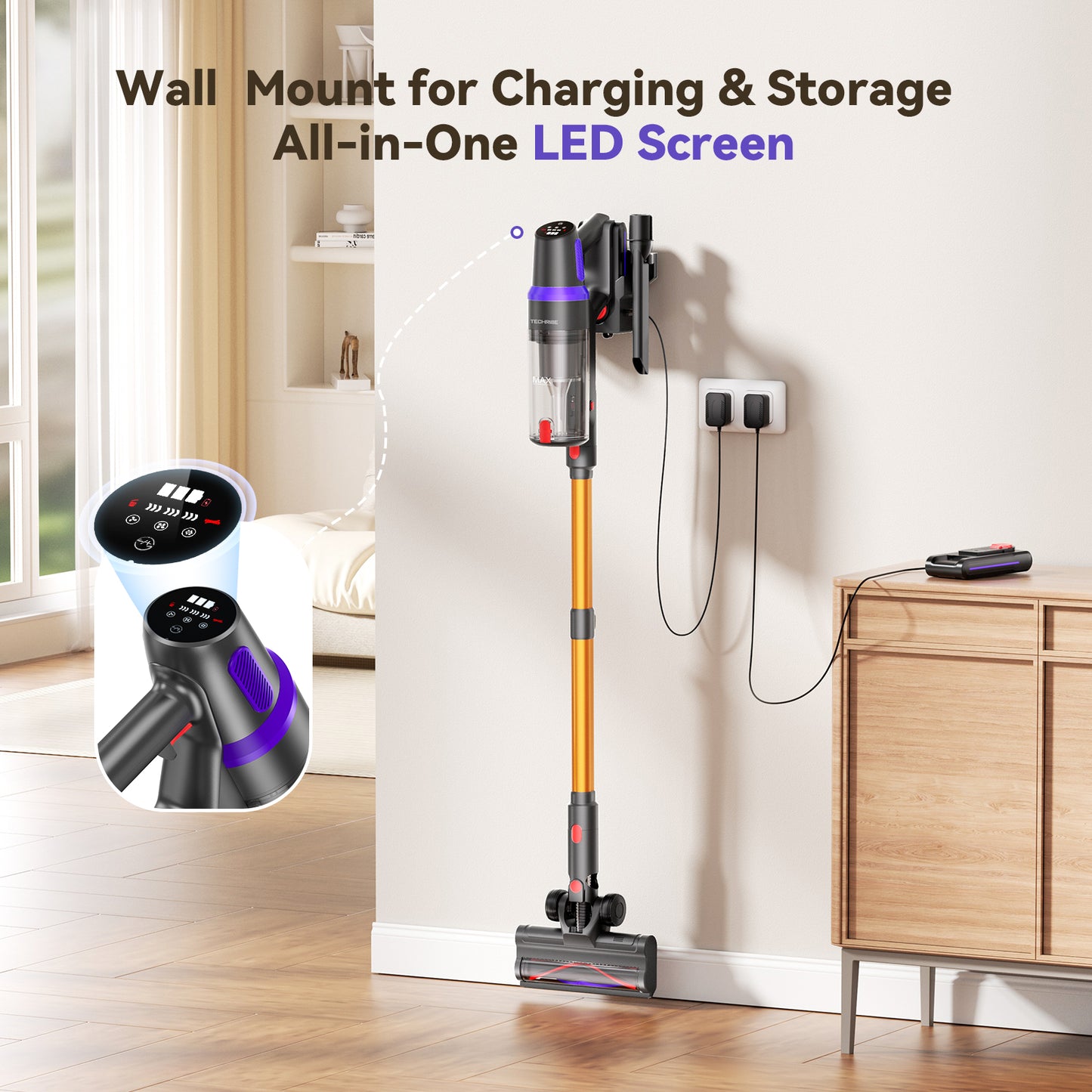 TechRise Cordless Vacuum Cleaner for Home, Powerful Suction Stick Vacuum with Tangle-Free Brush, Up to 60 Min Runtime, 8-in-1 Versatile & Self-Standing for Hardwood Floors, Carpets