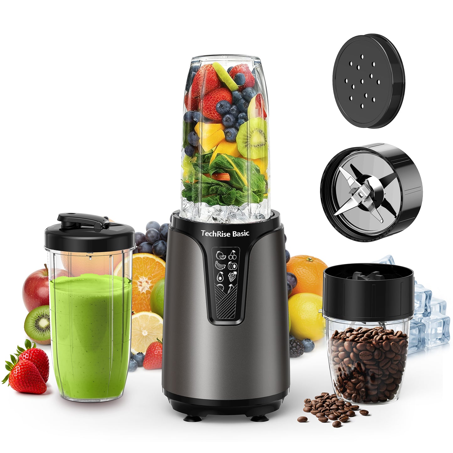 TechRise Basic 25000RPM Personal Blender, 1000W Smoothie Blender, Portable Small Blenders, Self-Clean Smoothie Maker, Mixer Grinder Combo - Protein Shakes, Puree & Coffee Grind, BPA-Free To-Go Cups 17oz&10oz