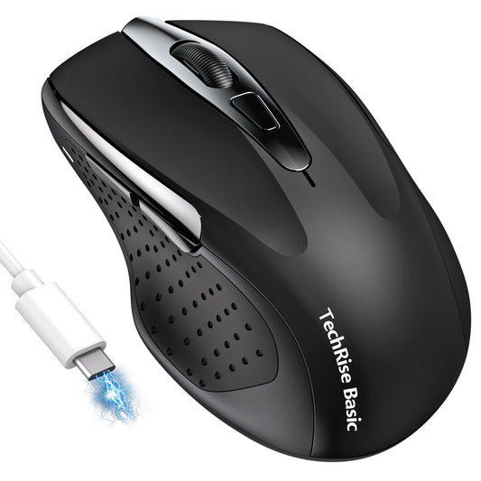 TechRise Basic  Bluetooth Mouse (BT5.0/3.0 & 2.4G) Rechargeable Wireless Mouse, 4800 DPI Optical Tracking, 6 Adjustable DPI, 2.4GHz with USB A Receiver, Quiet Clicks, Ergonomic Grips, 6 Buttons - Black