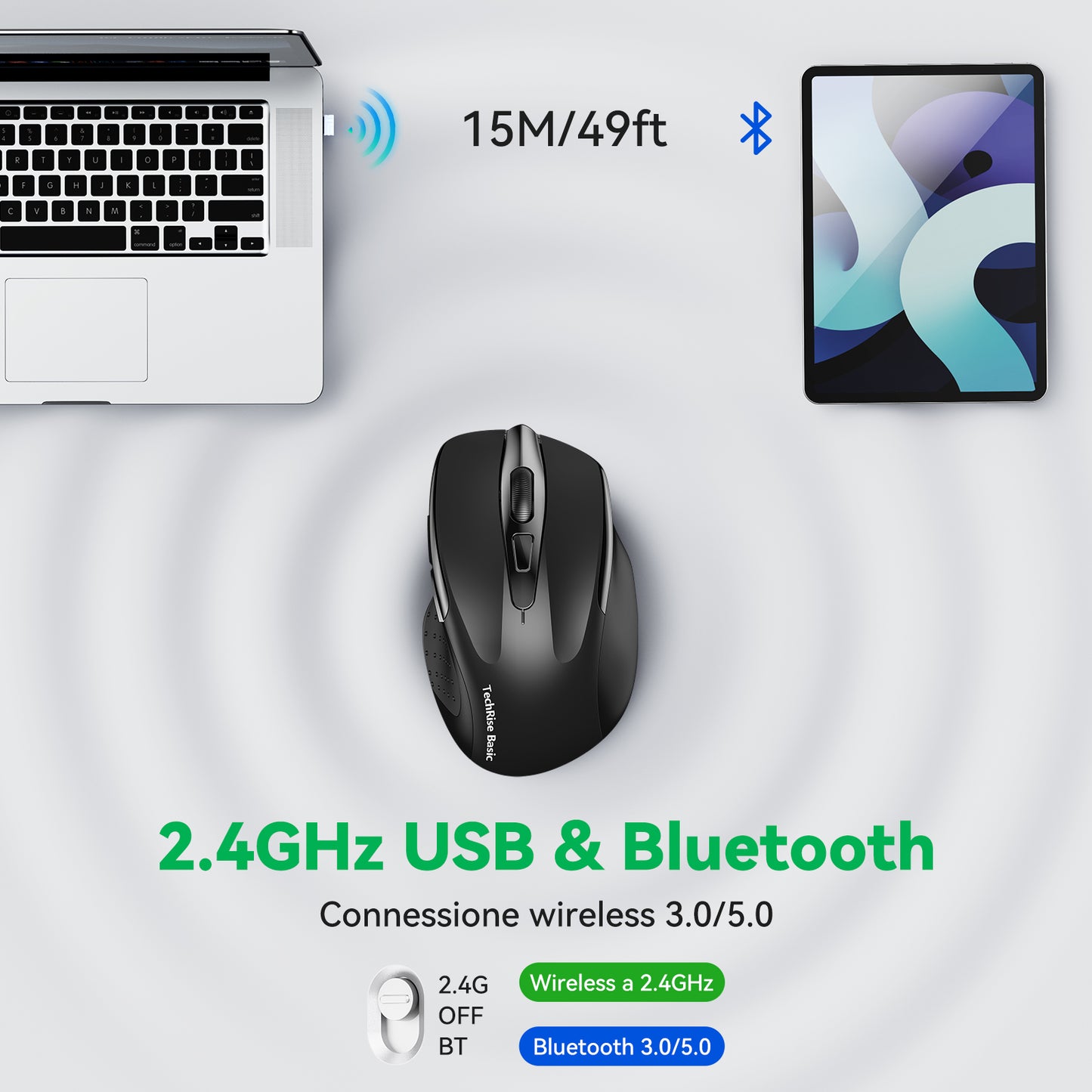 TechRise Basic  Bluetooth Mouse (BT5.0/3.0 & 2.4G) Rechargeable Wireless Mouse, 4800 DPI Optical Tracking, 6 Adjustable DPI, 2.4GHz with USB A Receiver, Quiet Clicks, Ergonomic Grips, 6 Buttons - Black