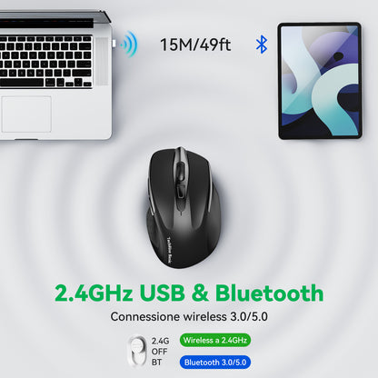TechRise Basic  Bluetooth Mouse (BT5.0/3.0 & 2.4G) Rechargeable Wireless Mouse, 4800 DPI Optical Tracking, 6 Adjustable DPI, 2.4GHz with USB A Receiver, Quiet Clicks, Ergonomic Grips, 6 Buttons - Black