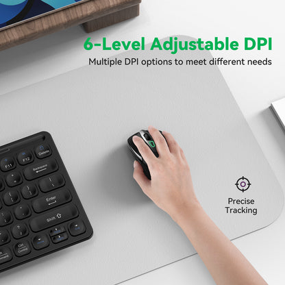 TechRise Basic  Bluetooth Mouse (BT5.0/3.0 & 2.4G) Rechargeable Wireless Mouse, 4800 DPI Optical Tracking, 6 Adjustable DPI, 2.4GHz with USB A Receiver, Quiet Clicks, Ergonomic Grips, 6 Buttons - Black