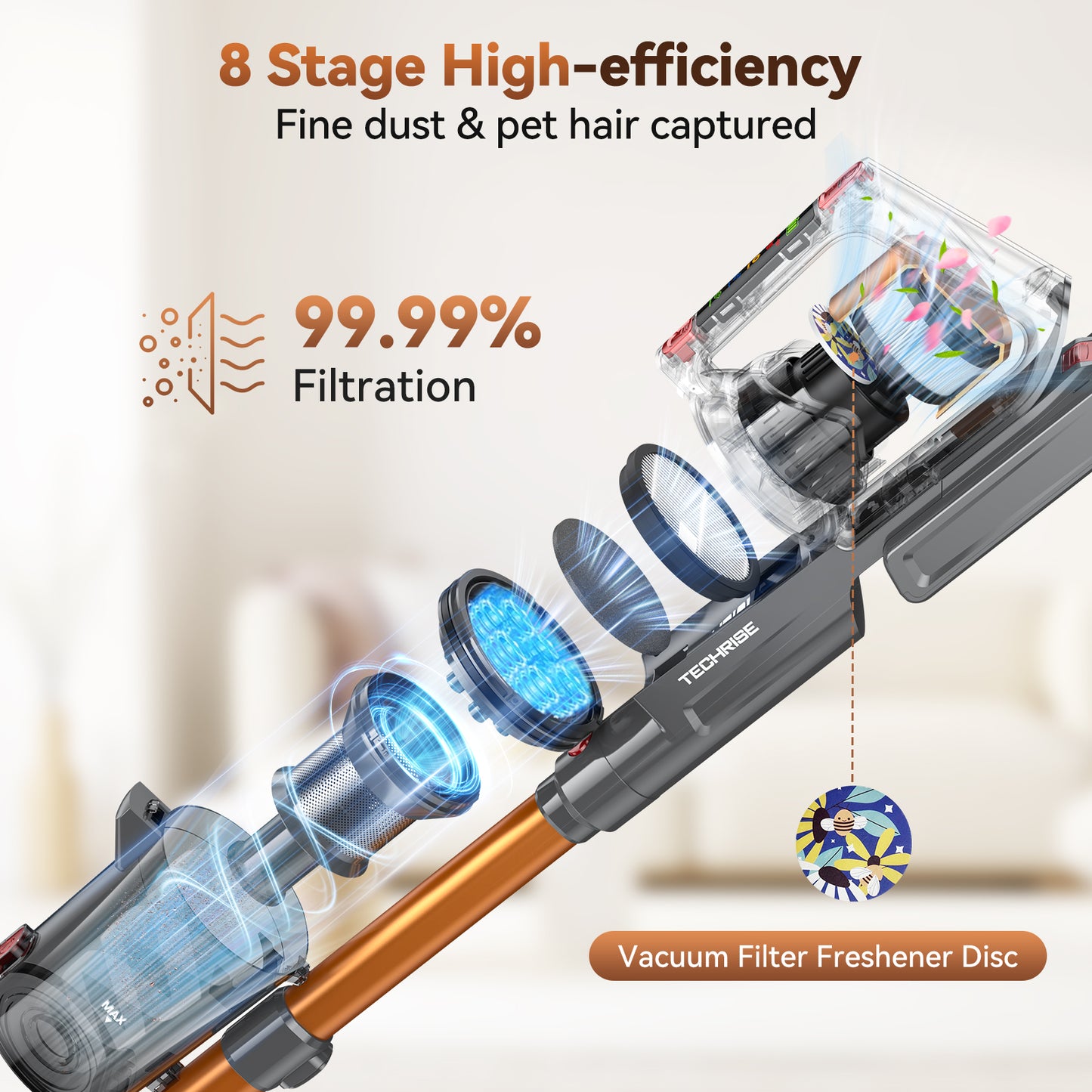 TechRise 55Kpa 70Min Stick Vacuum – Live Display, Anti-Tangle, 8-in-1 Filter