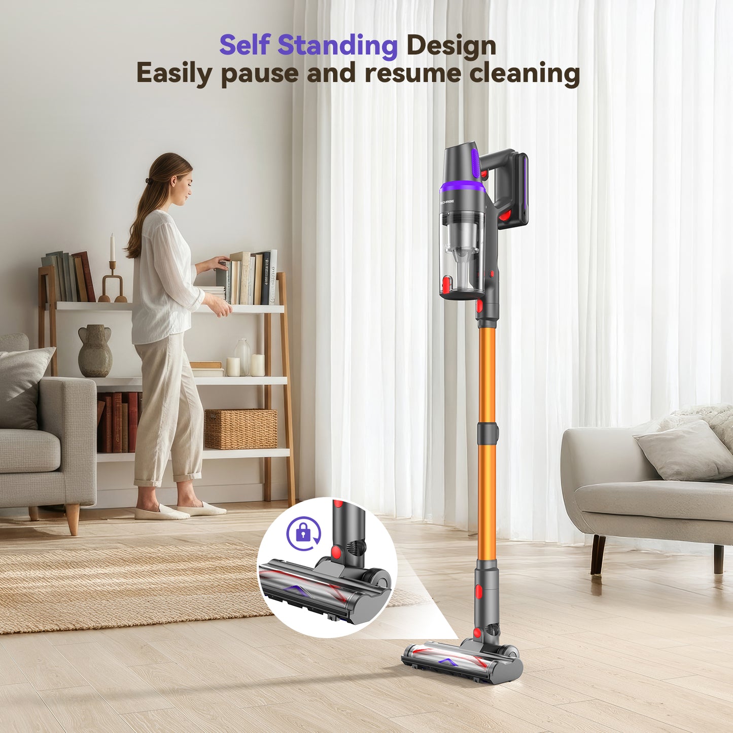 TechRise Cordless Vacuum Cleaner for Home, Powerful Suction Stick Vacuum with Tangle-Free Brush, Up to 60 Min Runtime, 8-in-1 Versatile & Self-Standing for Hardwood Floors, Carpets
