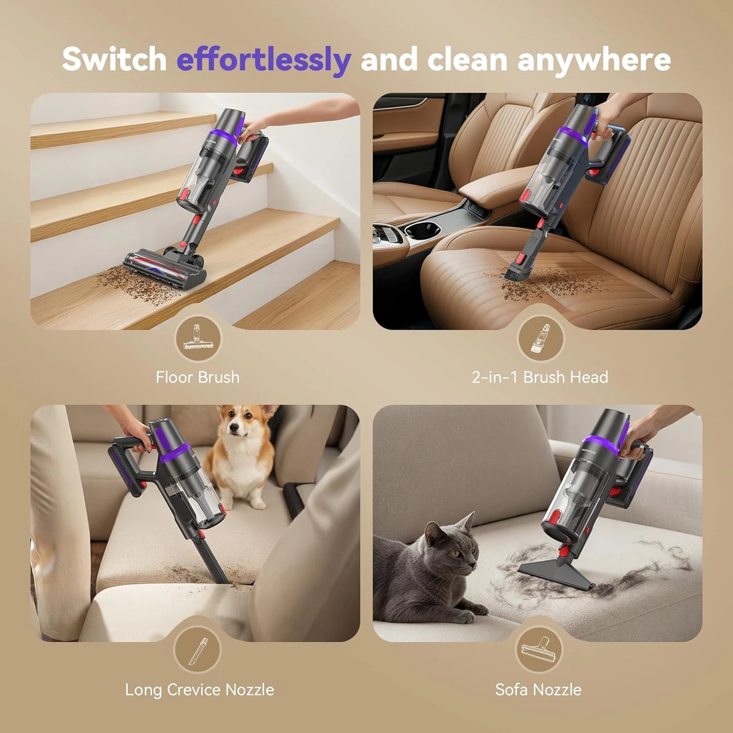 TechRise SV001 Cordless Stick Vacuum – 60-Min Long Runtime, Self-Standing Design, Anti-Tangle Pet Hair Vacuum