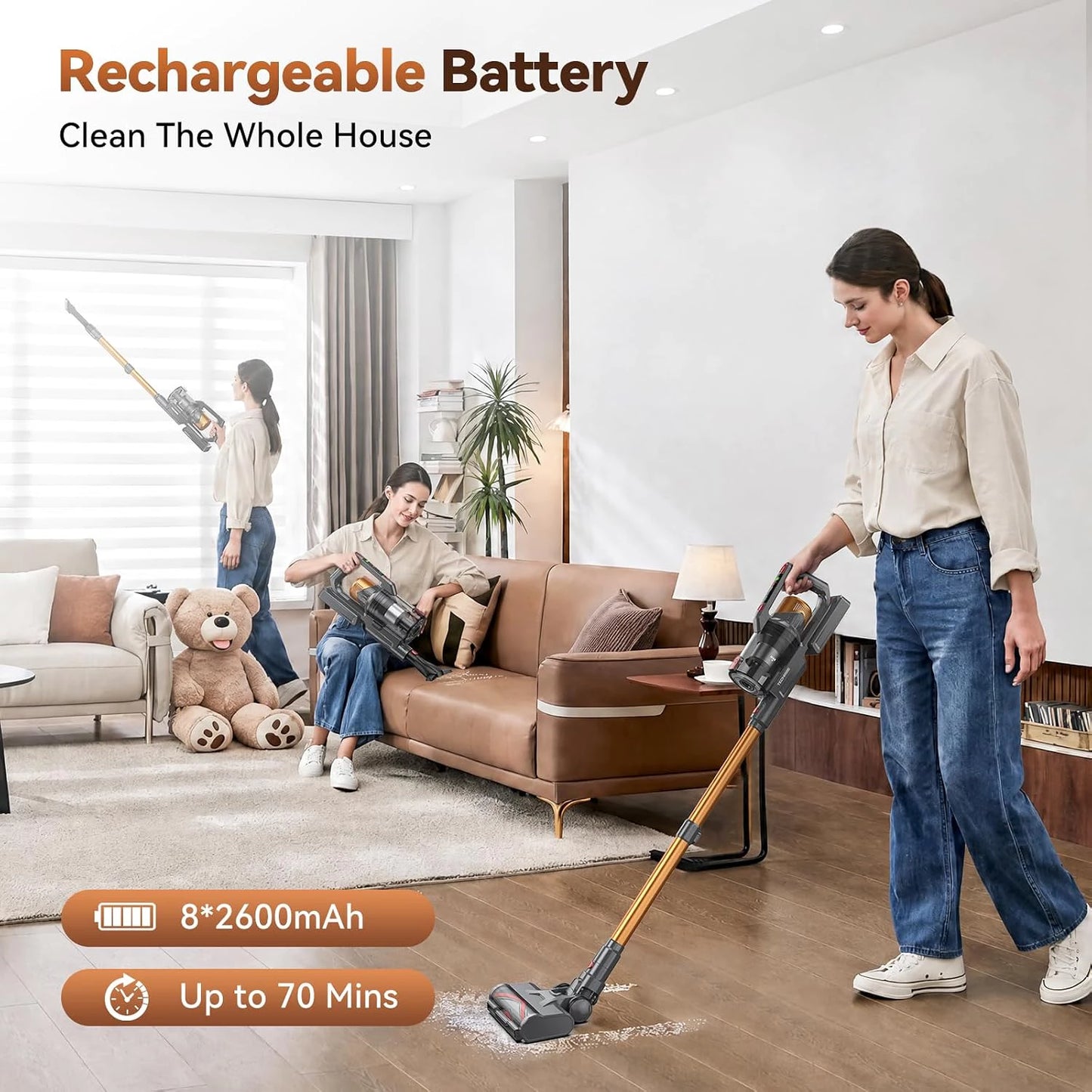 TechRise CP12 Cordless Stick Vacuum – 58kPa Extreme Suction, Anti-Tangle Pet Hair Vacuum