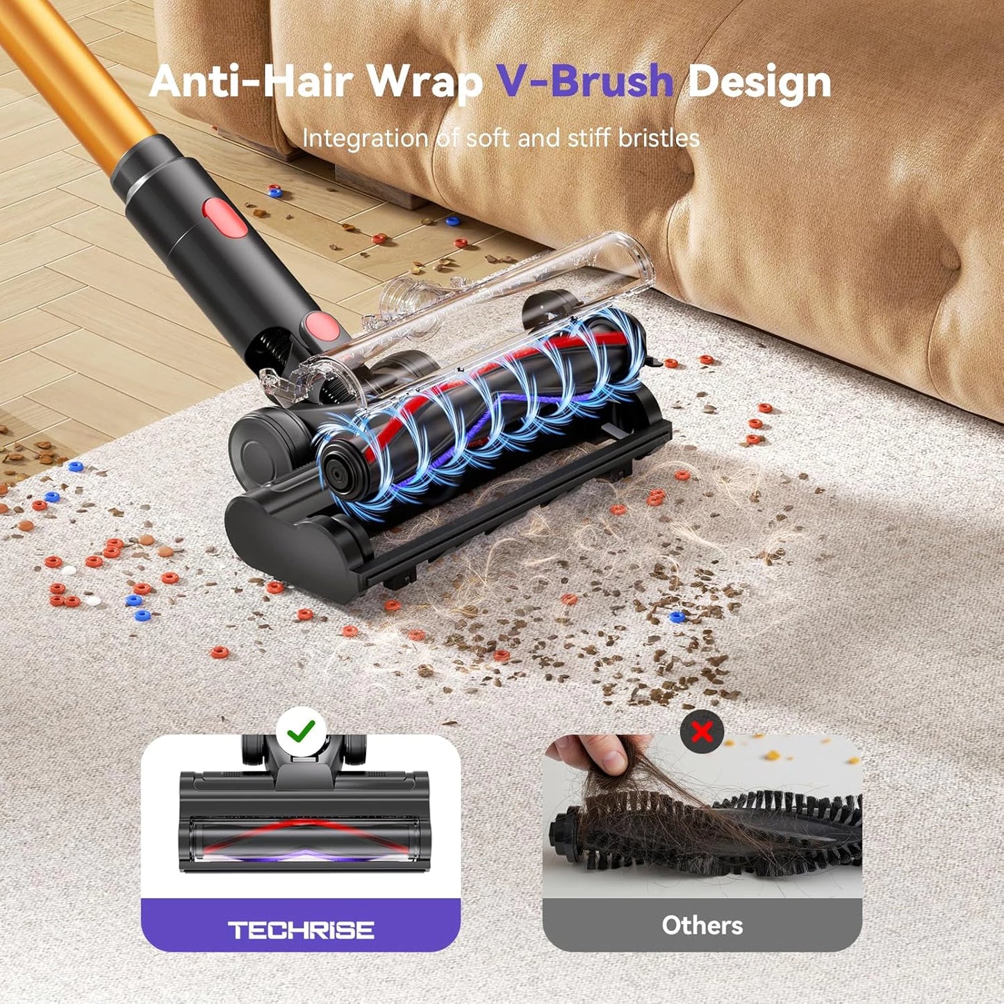 TechRise SV001 Cordless Stick Vacuum – 60-Min Long Runtime, Self-Standing Design, Anti-Tangle Pet Hair Vacuum
