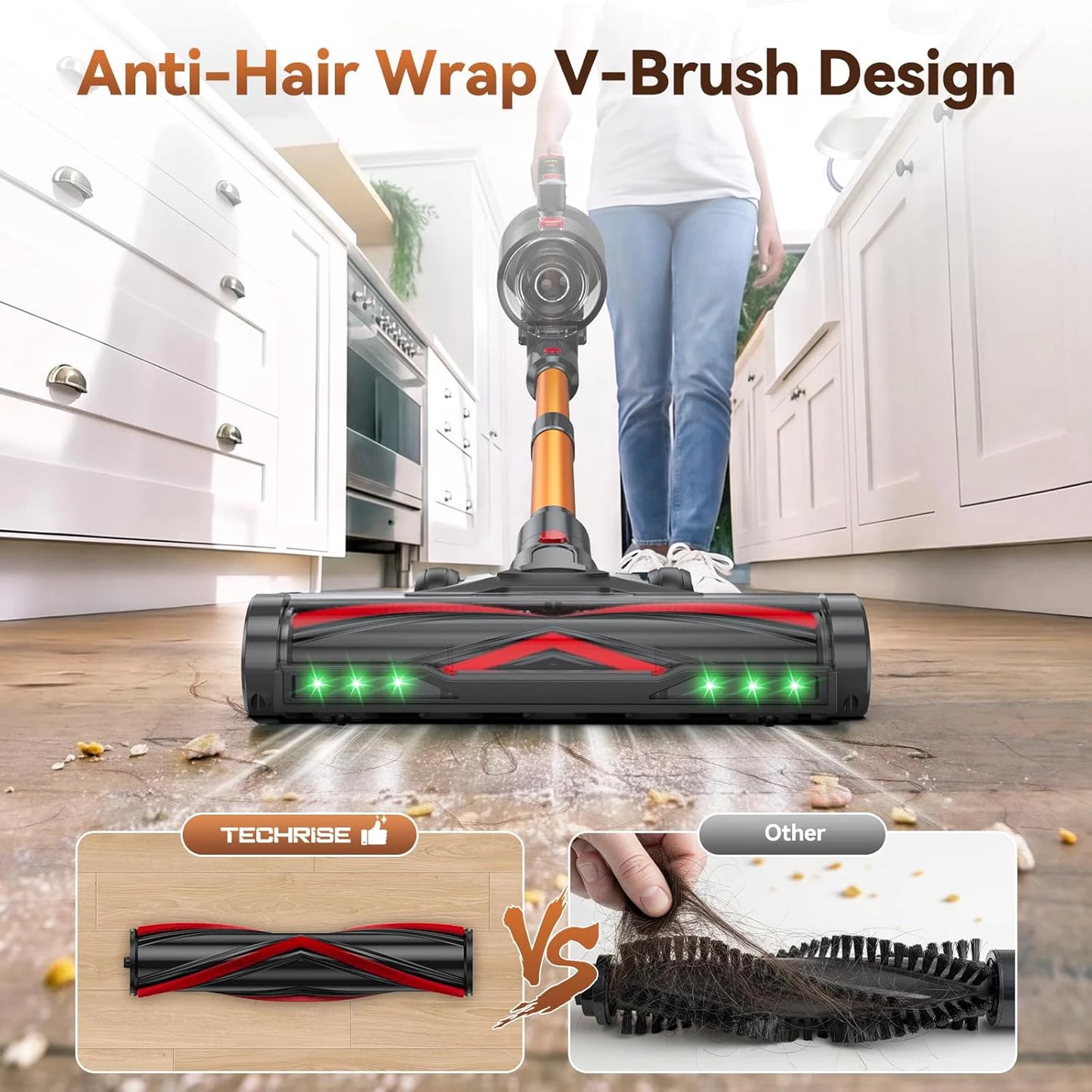 TechRise CP12 Cordless Stick Vacuum – 58kPa Extreme Suction, Anti-Tangle Pet Hair Vacuum