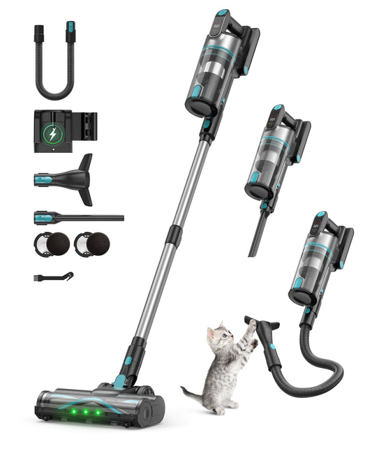 A cordless stick vacuum cleaner set shown on a white background with multiple views, accessories, a charging connector, and a small kitten using the vacuum. The vacuum has a transparent canister body with black and bright blue accents, a long silver handle, and a dark gray floor head with green indicator lights.