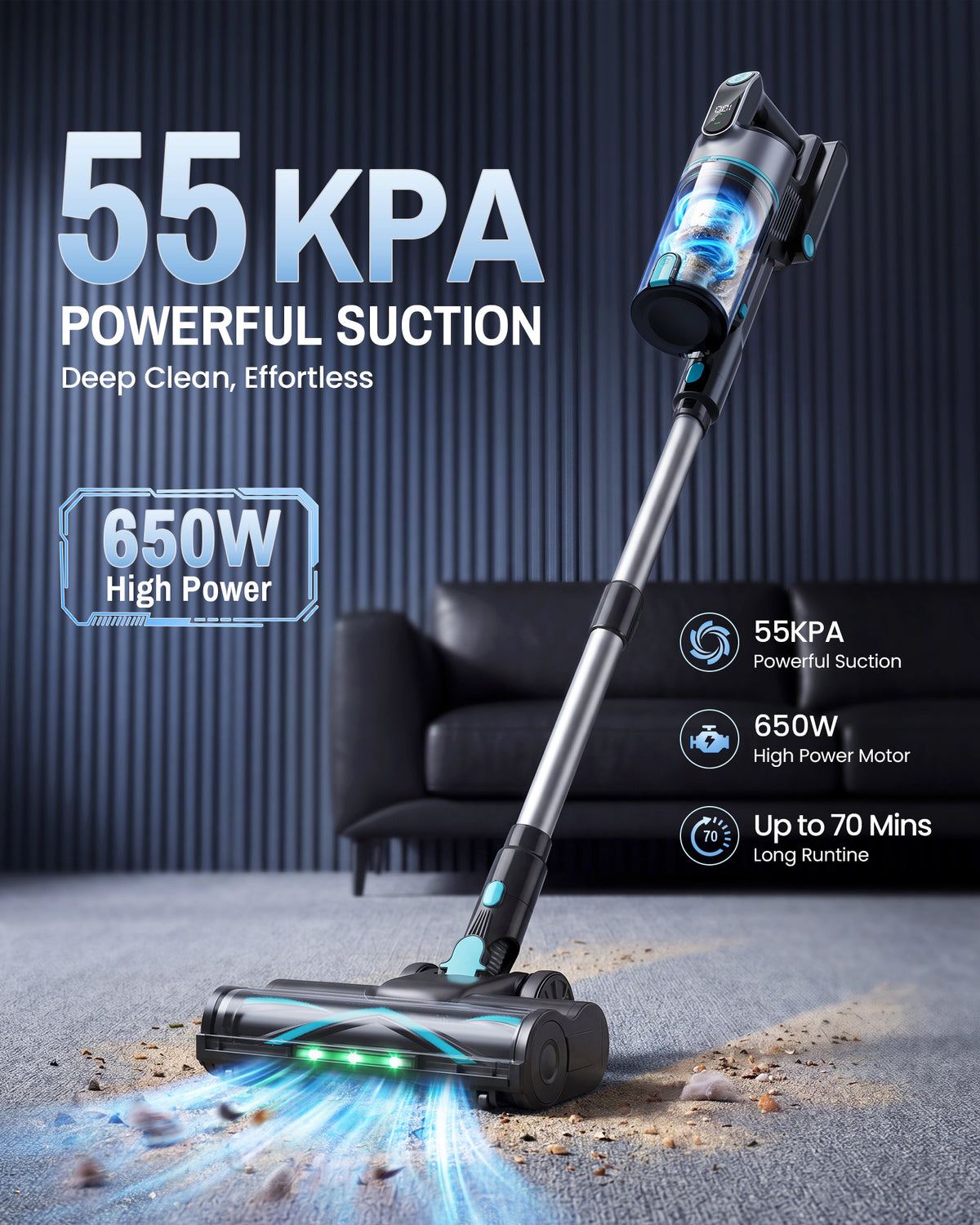 A cordless stick vacuum cleaner shown in a home interior setting, with large marketing text highlighting 55 KPA powerful suction, 650W high power, and up to 70 mins runtime. The vacuum is black with blue and teal accents, and the background includes a dark sofa and carpet.