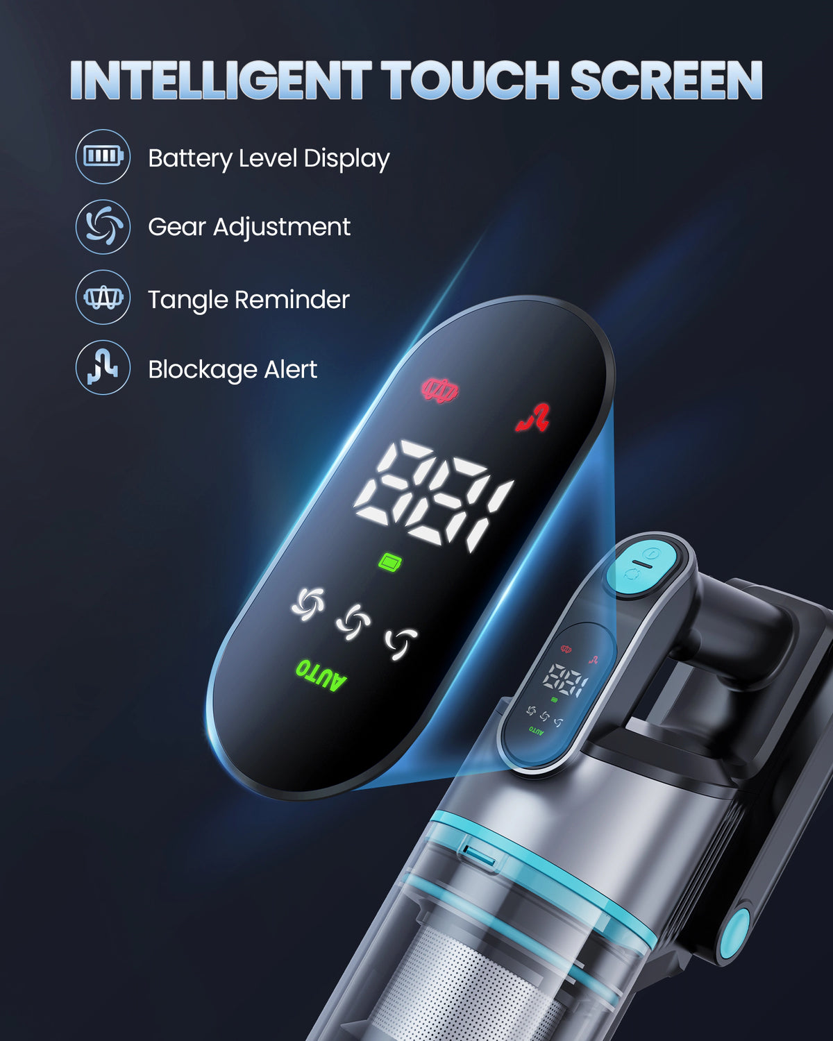 A cordless vacuum cleaner with an illuminated touch screen display, shown alongside feature callouts for battery level display, gear adjustment, tangle reminder, and blockage alert on a dark blue background.