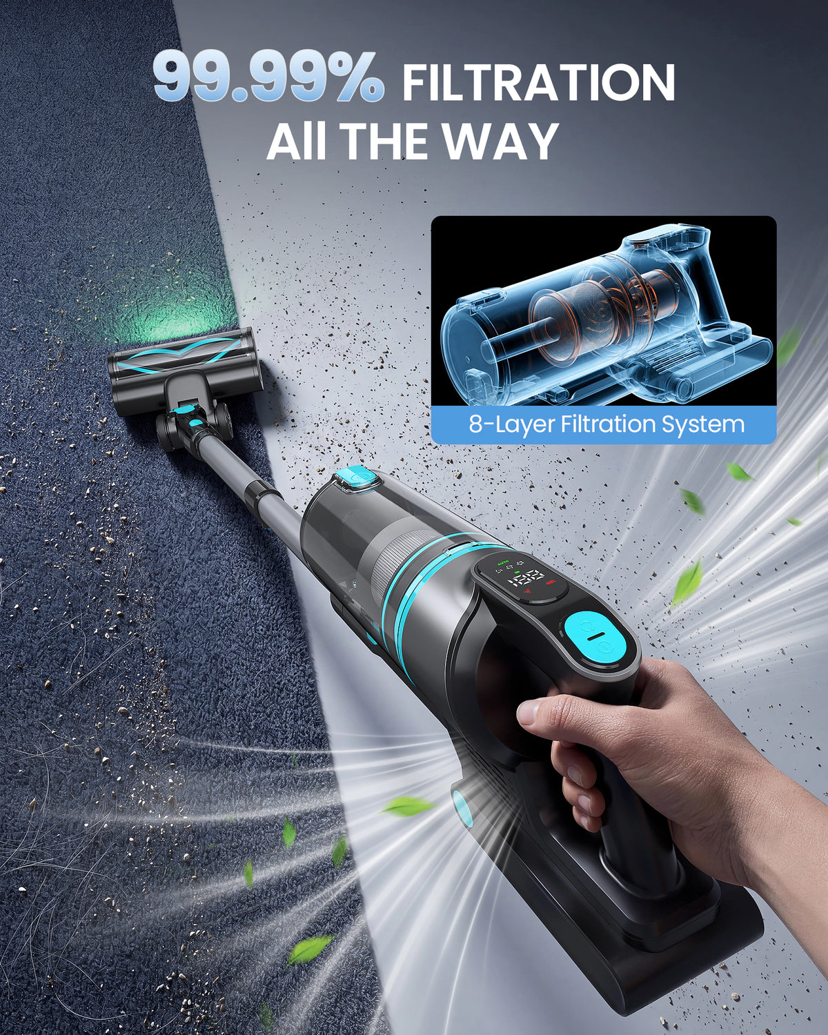 A cordless handheld vacuum cleaner being used on a carpeted floor, with a hand holding the handle. The image includes marketing text reading '99.