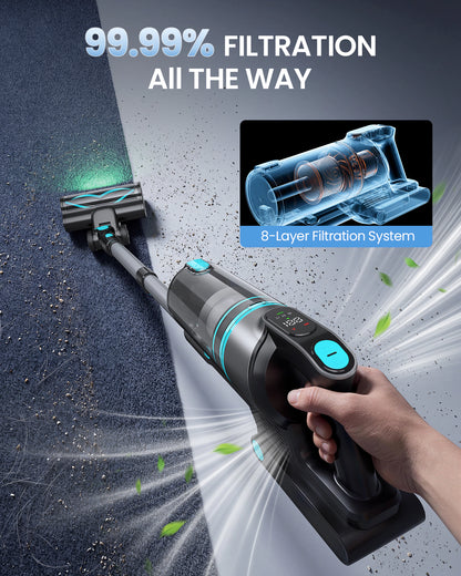 A cordless handheld vacuum cleaner being used on a carpeted floor, with a hand holding the handle. The image includes marketing text reading '99.