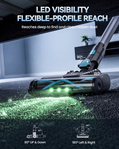 A cordless carpet cleaner shown in a home setting, cleaning dark carpet with bright green LED light visible. The image includes marketing text 'LED VISIBILITY FLEXIBLE-PROFILE REACH' and feature icons at the bottom showing 90° up and down and 180° left and right flexibility.