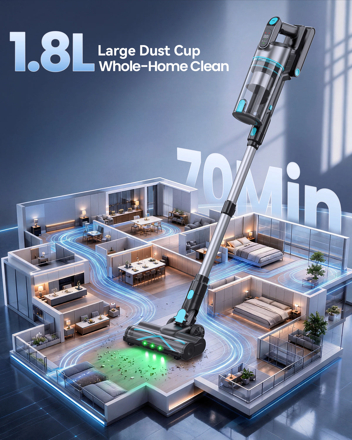 A cordless stick vacuum cleaner is shown in a stylized 3D home interior rendering, with large marketing text reading '1.8L Large Dust Cup Whole-Home Clean' and '70Min'.