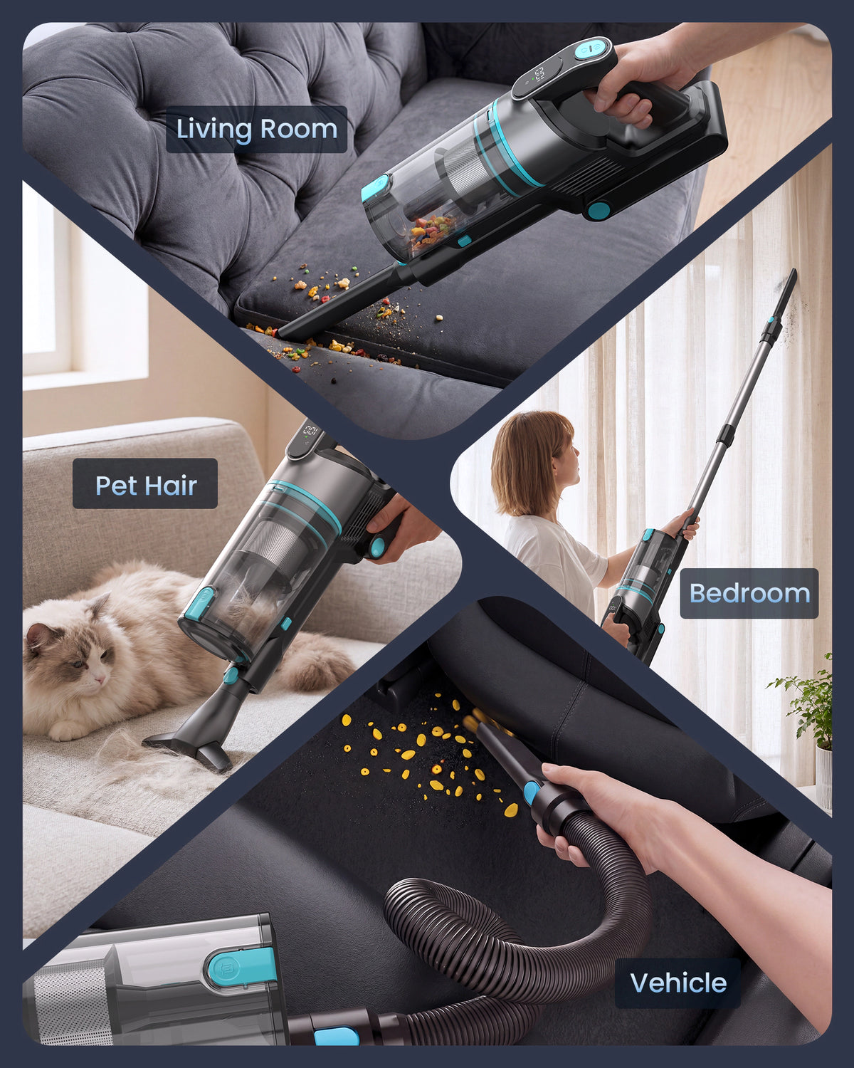 A 4-panel collage showing a handheld cordless vacuum cleaner in use in different home and vehicle environments: Living Room on a gray sofa, Pet Hair on a light sofa with a cat, Bedroom, and Vehicle. The vacuum is black with bright teal-blue accents.