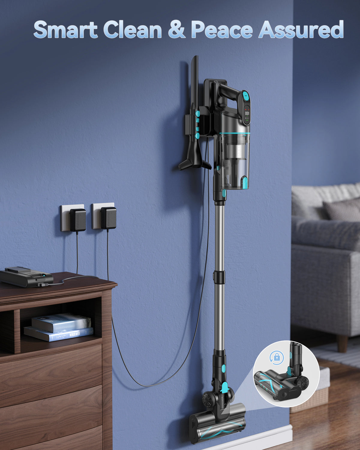 A cordless stick vacuum cleaner with a metallic silver body and teal accents is mounted vertically on a blue wall in a living room setting. The image includes the text 'Smart Clean & Peace Assured' at the top and a circular inset showing the vacuum folded flat.